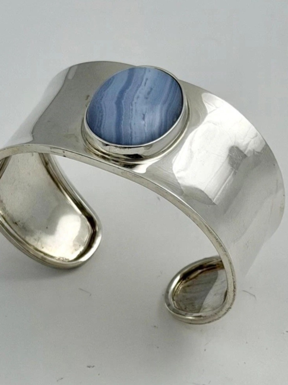 Vintage Mexico Caravantes 925 Sterling Silver Blue Lace Agate Cuff Bracelet 28GR